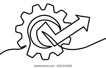 Continuous line drawing of arrow up with gear, cogwheel technology, graph business growth, object one line, single line art, simple line style