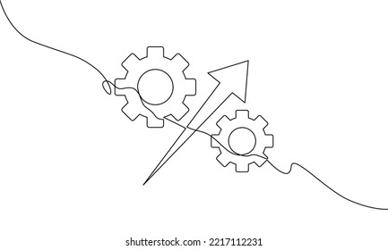 Continuous line drawing of arrow growth with gear, business growth, cogwheel icon outline, object one lin, single line art, vector illustration