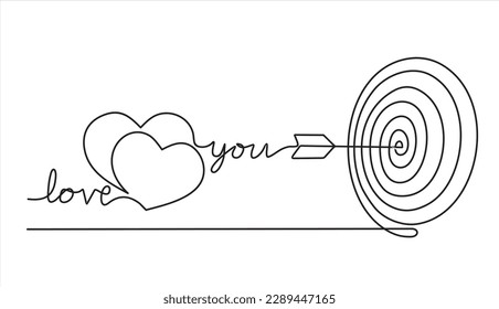 Continuous line drawing of arrow with heart  in center of target darts. Template for your design works. Vector illustration.