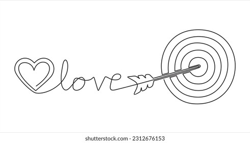 Continuous line drawing of arrow with heart  in center of target darts. Template for your design works. Vector illustration.