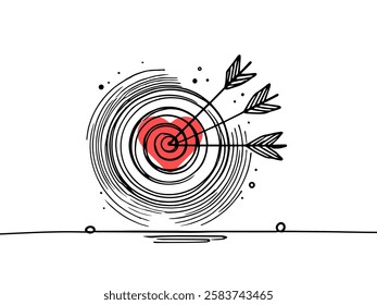 Continuous line drawing of arrow with heart in center of target darts. Template for your design works. Vector illustration.