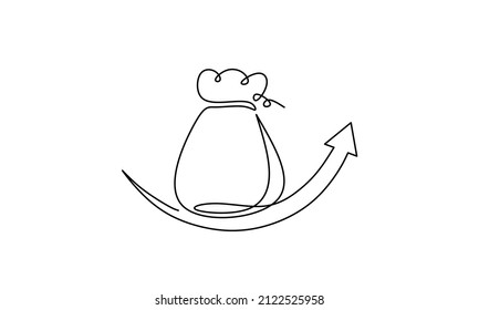 Dibujo continuo de línea de flecha con bolsa de dinero, concepto de negocio de crecimiento, icono de doodle, objeto una línea, arte de una sola línea, ilustración vectorial