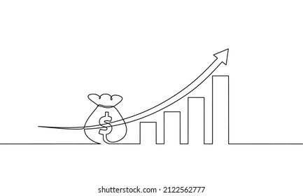 Continuous Line Drawing Of Arrow, Money Bag And Growth Graph, Bar Chart Business, Object One Line, Single Line Art, Vector Illustration