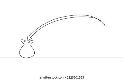 Continuous line drawing of arrow with money bag icon, business concept, succes work, object one line, single line art, vector illustration