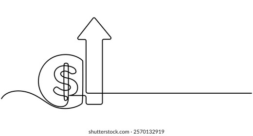 Continuous line drawing of arrow, money bag and growth graph, bar chart business, object one line, single line art, vector illustration, Pound increase. Line icon with shadow on white background.
