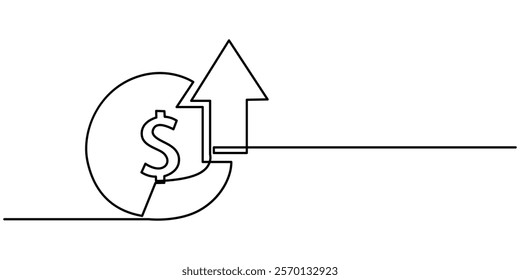 Continuous line drawing of arrow, money bag and growth graph, bar chart business, object one line, single line art, vector illustration, Pound increase. Line icon with shadow on white background.