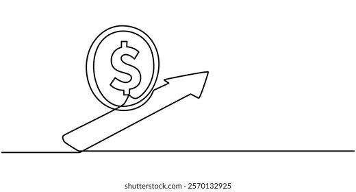 Continuous line drawing of arrow, money bag and growth graph, bar chart business, object one line, single line art, vector illustration, Pound increase. Line icon with shadow on white background.