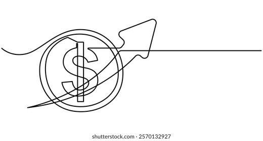 Continuous line drawing of arrow, money bag and growth graph, bar chart business, object one line, single line art, vector illustration, Pound increase. Line icon with shadow on white background.