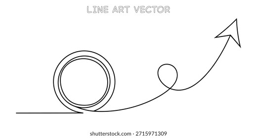 Kontinuierliche Linienzeichnung eines Pfeils, der sich von einer Kreisbahn nach oben bewegt. Symbolisierung von Fortschritt, Wachstum und vorausschauender Dynamik in Unternehmensentwicklung und Erfolg. Vektorgrafik