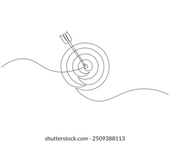 Desenho de linha contínuo da seta no círculo de destino. Ilustração de linha única de seta no alvo. conceito de mercado de negócios. Estrutura de tópicos editável