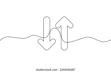 Continuous line drawing of arrow. Arrow pointing up and down. Business growth icon, for banner, template, web, app, poster. Object one line, single line art, vector illustration