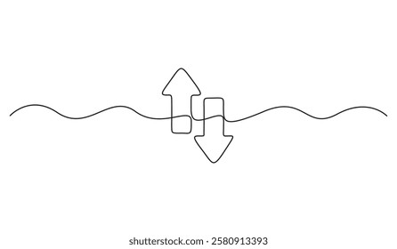 Continuous line drawing of arrow. Arrow pointing up and down. Business growth icon, for banner, template, web, app, poster. Object continuous single line art, vector illustration