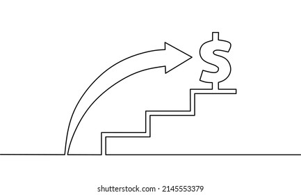 Continuous line drawing of arrow with stairs and dollar, business growth, object one line, single line art, vector illustration