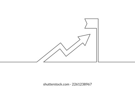Continuous line drawing of arrow up. Increasing business graph data. Arrow with flag. Bar chart, business growth. Object one line, single line art, vector illustration