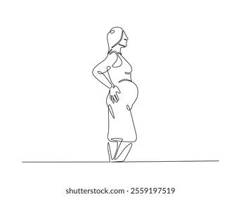 Continuous line drawing art of beautiful pregnant woman stand and holding her belly. woman and mother day concept. 