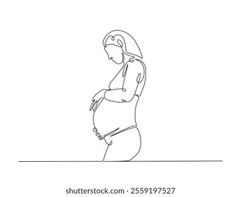 Continuous line drawing art of beautiful pregnant woman stand and holding her belly. woman and mother day concept. 