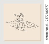 Continuous line drawing art of business woman riding flying rocket up. Vector illustration single one line of woman success launching startup business. Booster business growth line art design.