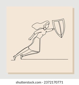 Continuous line drawing art of business woman holding shield protection security. Vector illustration single one line of finance defense guard and health care.