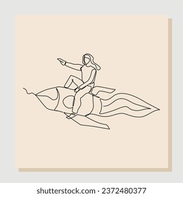Continuous line drawing art of business woman riding flying rocket up. Vector illustration single one line of woman success launching startup business. Booster business growth line art design.