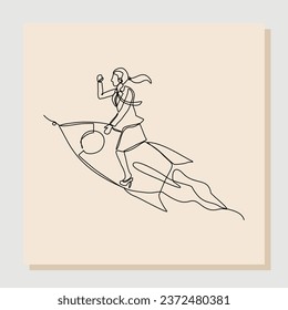 Continuous line drawing art of business woman riding flying rocket up. Vector illustration single one line of woman success launching startup business. Booster business growth line art design.