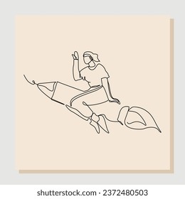 Continuous line drawing art of business woman riding flying rocket up. Vector illustration single one line of woman success launching startup business. Booster business growth line art design.