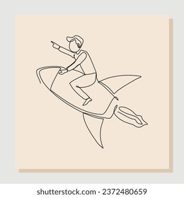 Continuous line drawing art of business man riding flying rocket up. Vector illustration single one line of man success launching startup business. Booster business growth line art design.