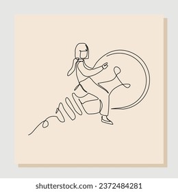 Continuous line drawing art of Business woman riding idea light bulb. Vector illustration single one line hand drawn of people success launching business startup achievement.
