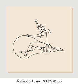 Continuous line drawing art of Business woman riding idea light bulb. Vector illustration single one line hand drawn of people success launching business startup achievement.