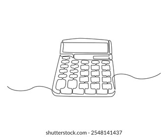 Desenho de linha contínua arte da ferramenta de contabilidade de calculadora. Calculadora em desenho de linha única com traço ativo.