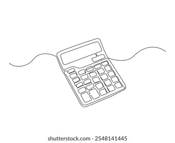 Dibujo de línea continua arte de la herramienta de contabilidad de la calculadora. Calculadora en un solo trazado de línea con trazo activo.