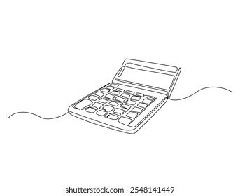 Desenho de linha contínua arte da ferramenta de contabilidade de calculadora. Calculadora em desenho de linha única com traço ativo.