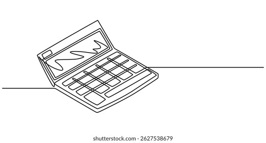 Continuous line drawing art of calculator accounting tool. Calculator in single line draw with active stroke, Back to school. technology education. Icon one line, single line art, vector illustration.