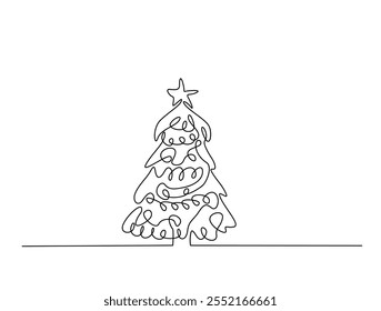 Continuous line drawing art of christmas tree with the decoration. editable stroke.