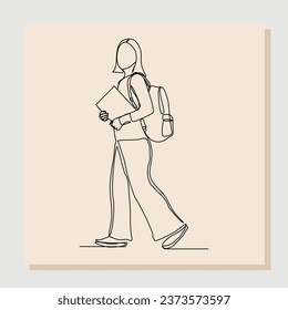 Dibujo continuo de una estudiante universitaria con mochila y libros. Ilustración de vectores de una sola línea