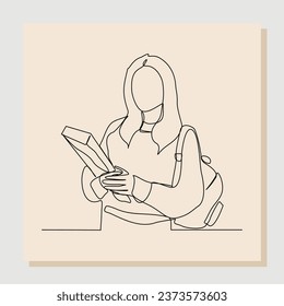 Continuous line drawing art of college campus student woman with bag backpack and books. Vector illustration single one line art