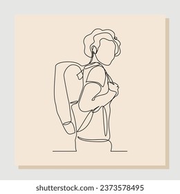 Dibujo de línea continua de un estudiante universitario con mochila. Ilustración de vectores de una sola línea