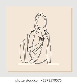 Continuous line drawing art of college campus student woman with bag backpack. Vector illustration single one line art