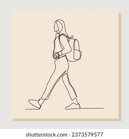 Kontinuierliche Zeichenkunst der Studentenstudentin am College mit Tasche Rucksack. Vektorgrafik-Einzelkunst