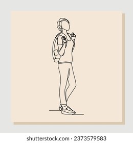 Continuous line drawing art of college campus student woman with bag backpack. Vector illustration single one line art
