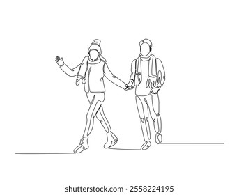 Continuous line drawing art of fashion models wear jacket in winter season. Fashion concept single line illustration.