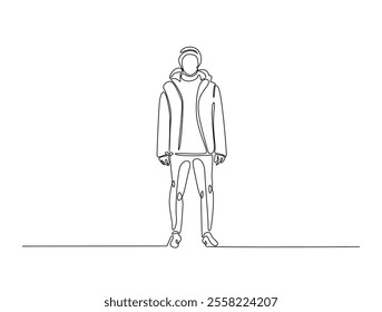 Continuous line drawing art of fashion model wear jacket in winter season. Stylish guy wearing casual outfit in single line illustration.