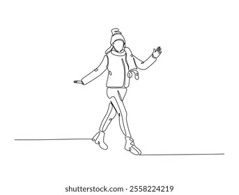 Continuous line drawing art of fashion model wear jacket in winter season. Fashion concept single line illustration.