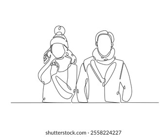 Continuous line drawing art of fashion models wear jacket in winter season. Fashion concept single line illustration.