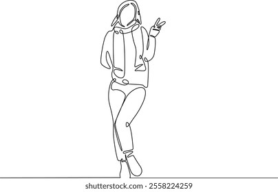 Continuous line drawing art of fashion model wear jacket in winter season. Fashion concept single line illustration.