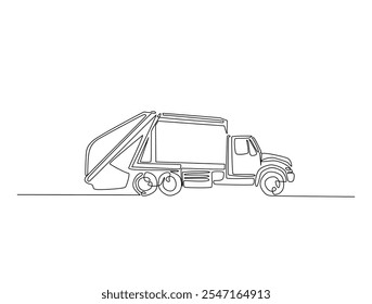 Continuous line drawing art of Garbage truck in the road. Waste truck in single line draw with active stroke.