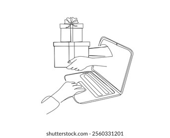 Continuous line drawing art of hand holding gift box coming out from the laptop or notebook. online gift shop concept