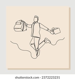 Continuous line drawing art of happiness man holding paper shopping bags. Vector illustration single one line of shopper big sale consumerism concept