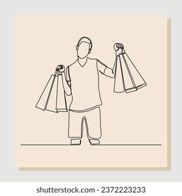 Continuous line drawing art of happiness man holding paper shopping bags. Vector illustration single one line of shopper big sale consumerism concept