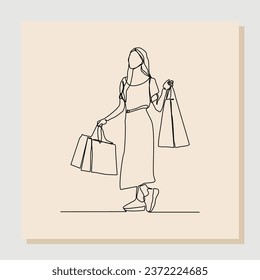 Continuous line drawing art of happiness woman holding paper shopping bags. Vector illustration single one line of shopper big sale consumerism concept