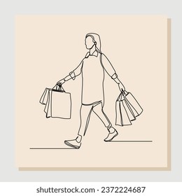 Continuous line drawing art of happiness woman holding paper shopping bags. Vector illustration single one line of shopper big sale consumerism concept